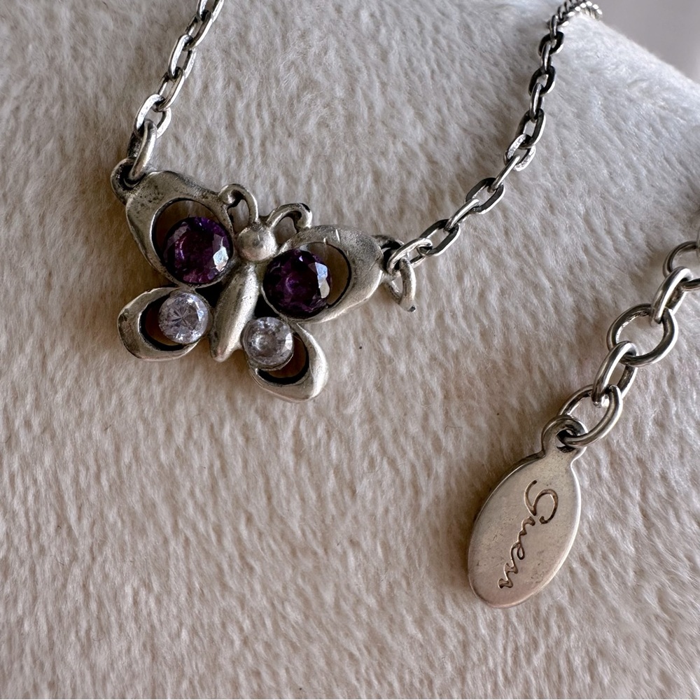 Guess Vintage 90s Silver Tone Purple and Clear Rhinestones Butterfly Necklace